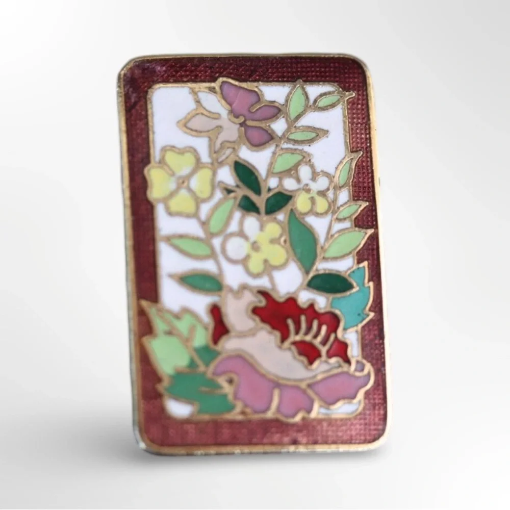 Vintage 1980s Rectangular Cloisonné Enamel Floral Brooch Pin